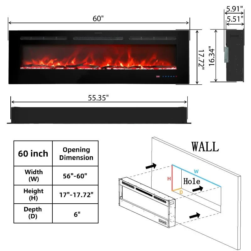 60-Inch Modern LED Electric Fireplace Heater Cheap Indoor with 1500W Power and Overheat Protection for Household Use