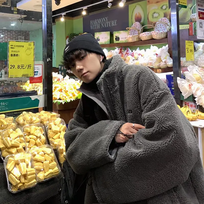 Chaqueta de algodón de cuero PU, nuevo estilo para hombres, fresca y elegante, chaqueta de algodón de doble cara de lana de cordero, marca de moda ins suelta