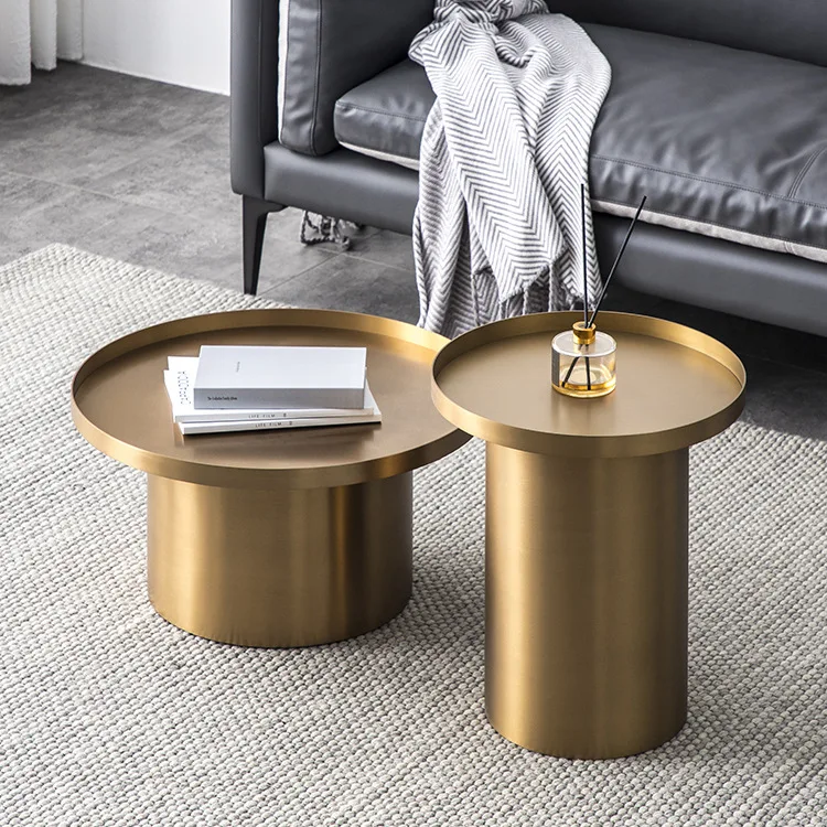 

Nordic designer coffee side few stainless steel metal round coffee table tall and short combination light luxury living room