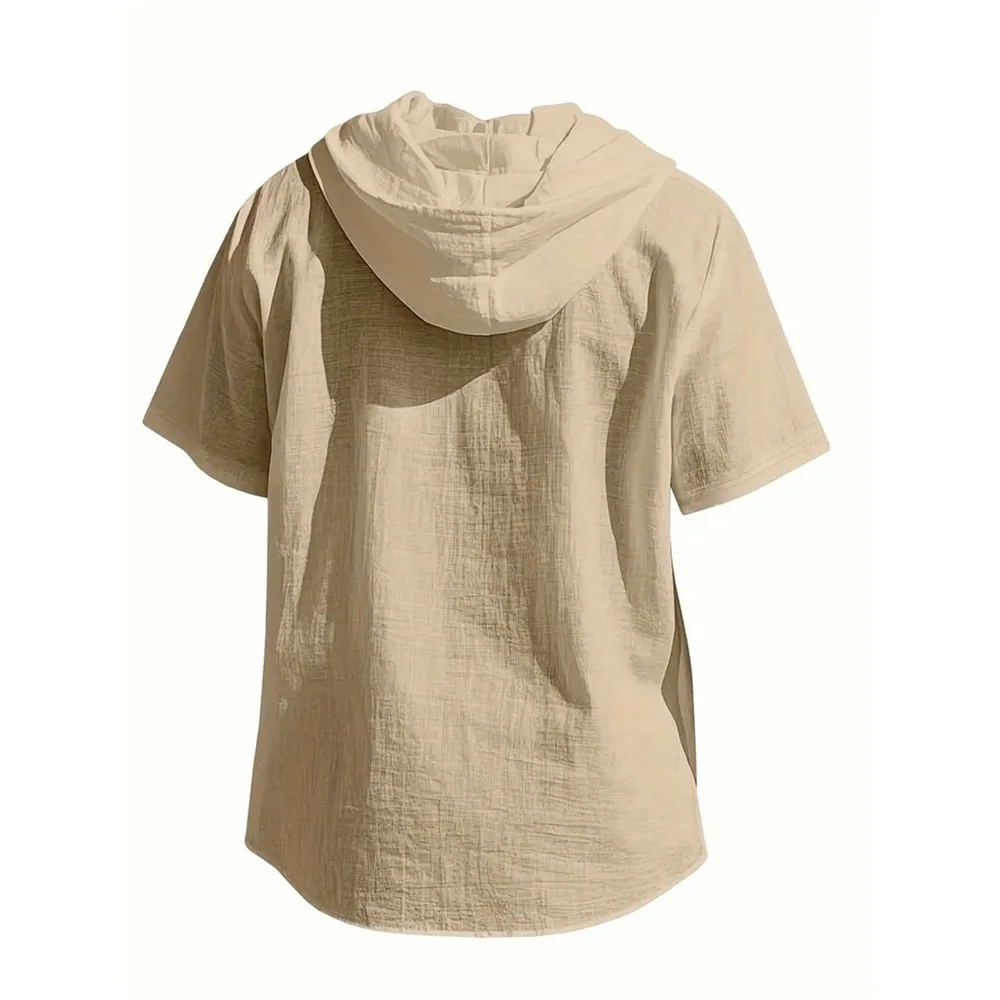 Camisa de Algodão e Linho para Homens com Capuz, Manga Curta, Cor Sólida, Respirável, Leve, Design com Cordão, Camisetas Casuais Básicas