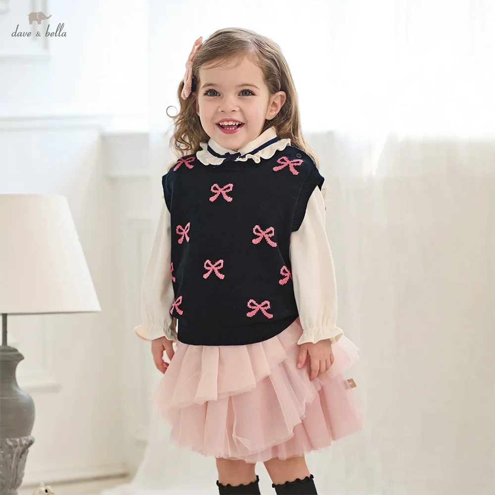 

Dave Bella Children Girls Baby Vest Autumn Winter Gentle Sweet Cute Children's Bow Print Sweater Waistcoat Party DB3253161