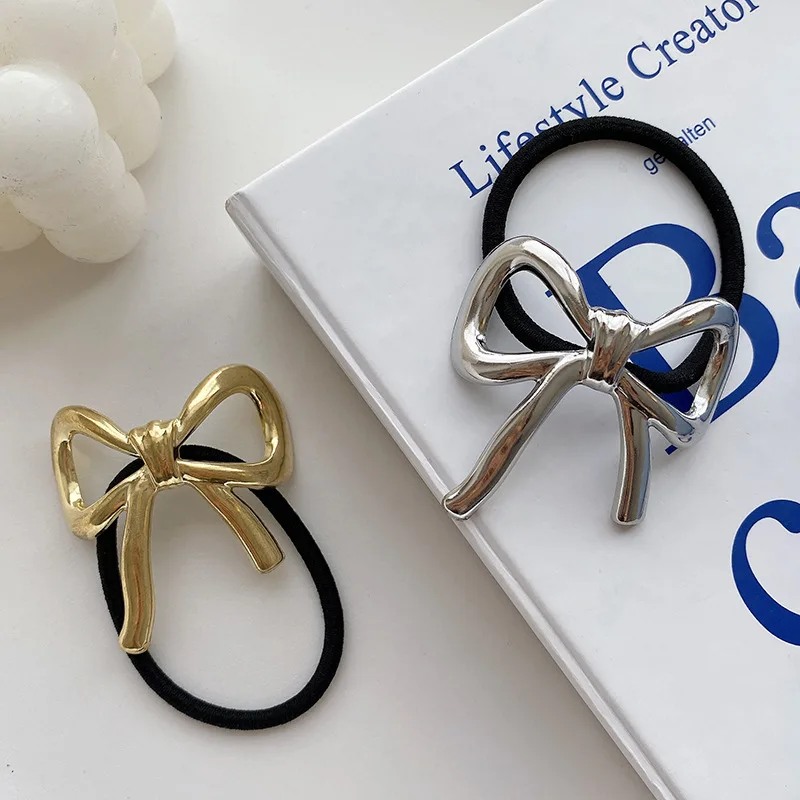 Fashion Metal Bow Hair Band Elastic Women Girl Minimalist Style Rubber Band Hair tie Bracelet Hair Scrunchies Hair Accessories