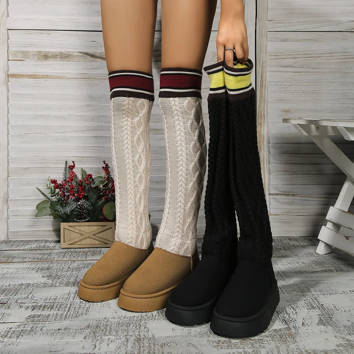 2024 New Thick Sole Knitted Long Boots for Women Fashion Elastic Over Knee Socks Boots Round Toe Plus Size 44 Botas De Mujer