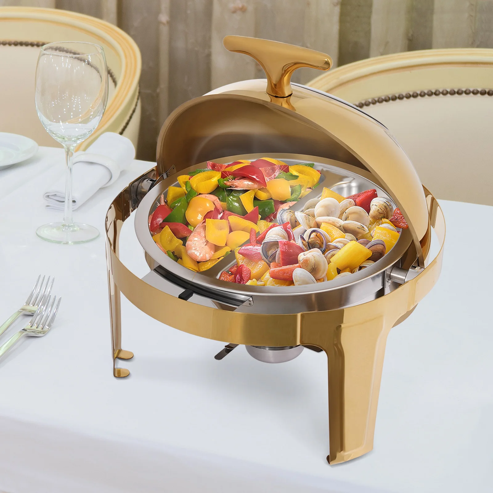 

8L/8.45QT Золотая круглая жаровня для шведского стола из нержавеющей стали, набор подогревателей для кейтеринга