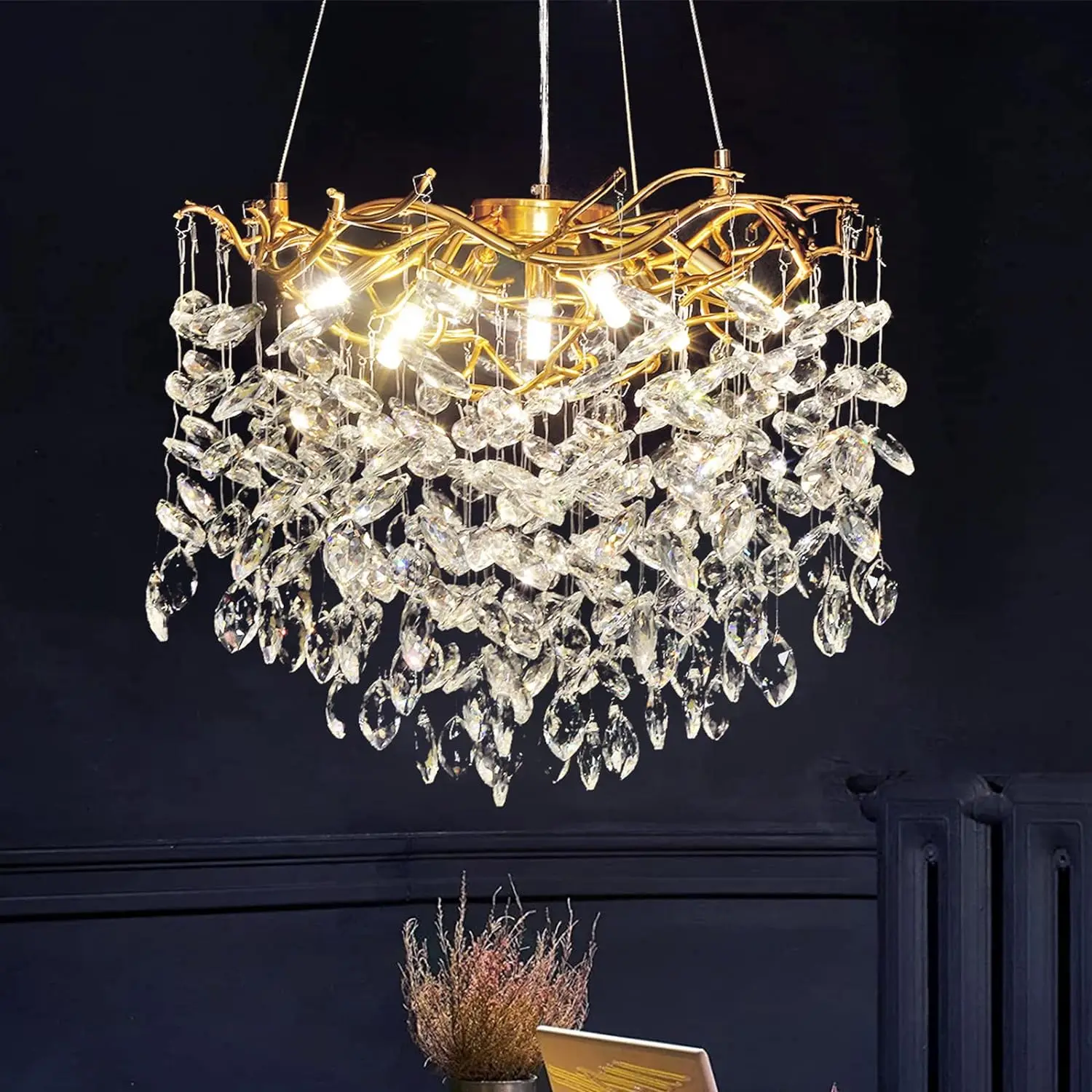 

Modern Crystal Chandeliers Round Gold Light Fixture with K9 Crystals Raindrop,7-Light Large Tree Branch Chandelier for Dining