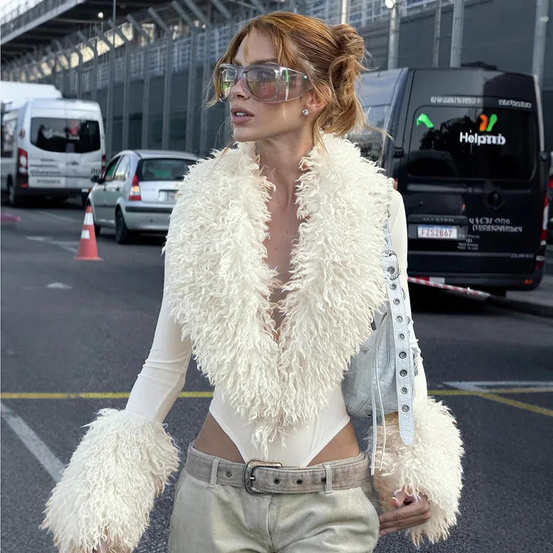 Patchwork Plush Bodysuits Women Deep V-Neck Sexy Autumn Winner Style Skinny Fashion Elasticity Midnight Streetwear