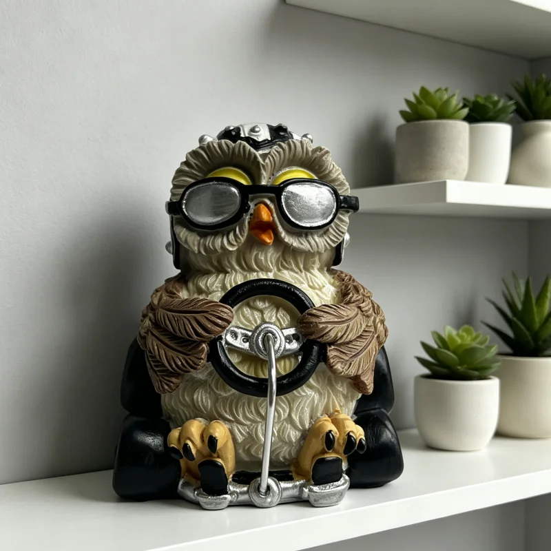 Biker Owl Resin Figurine with Goggles & Steering Wheel, Retro Motorcycle Style Home Decor Statue