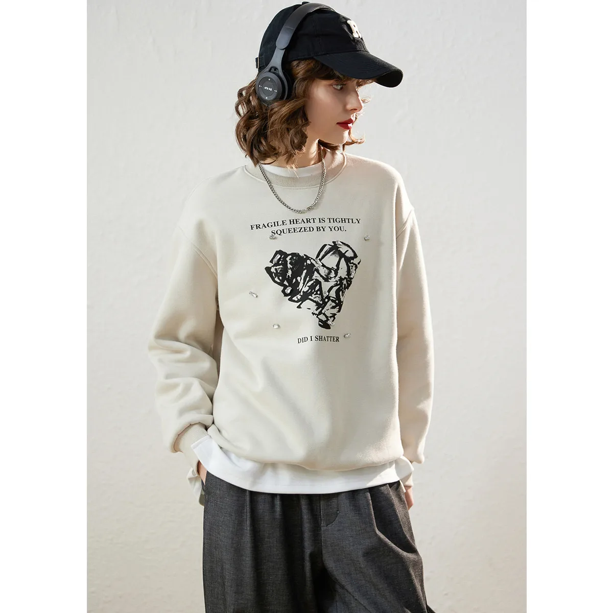 LOUIS YAO Printed Micro Elastic Long Sleeve Women's Sweatshirts 2025 Winter Tops Thick Velvet Loose Simple Round Neck Hoodies