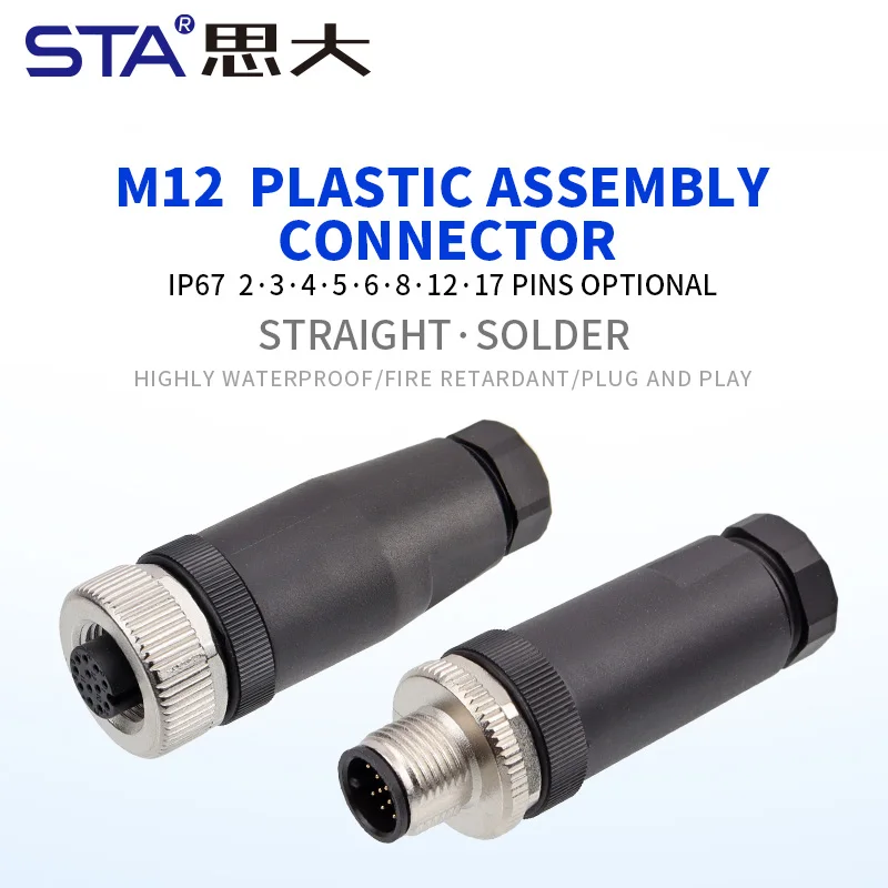 Waterproof IP67 M12 Connector 2 3 4 5 8 Pin Aviation plug PG7 PG9 Screw Connection Straight Plastic Assembly Plug Industrial use