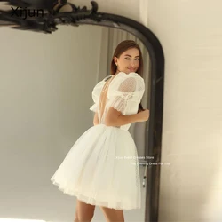 Xijun White Mini Evening Dress V-Neck A-Line Short Wedding Dress 2023 Puff Sleeves Prom Gowns Bride Formal Party Dress Backless