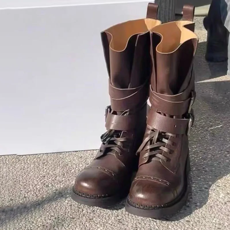 

Genuine Leather Designer Thick Heel Women Mid Calf Boots Fashion Ladies Belt Buckle Knight Booties Western Cowboy Long Boots