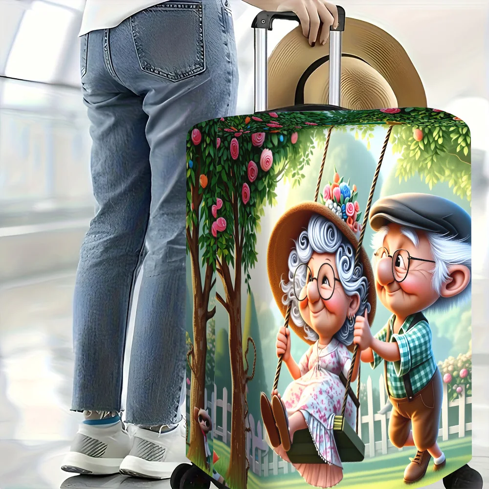 1PC Senior Couple Garden Print Luggage Cover for 18-32 inch Luggage; Dust and Elastic Travel Accessories to Effectively Protect
