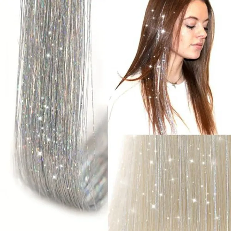 TEXU Rainbow Clip In Hair Tinsel 12Pcs 20Inch Kit For Women Girls Kids Silver Accessory