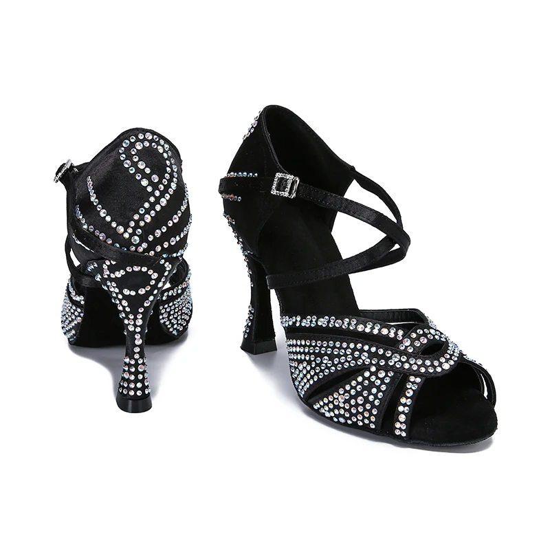 Wedopus scarpe da ballo per feste da donna personalizzate strass brillanti in raso fondo morbido scarpe da ballo latino donna scarpe da ballo Salsa 9CM