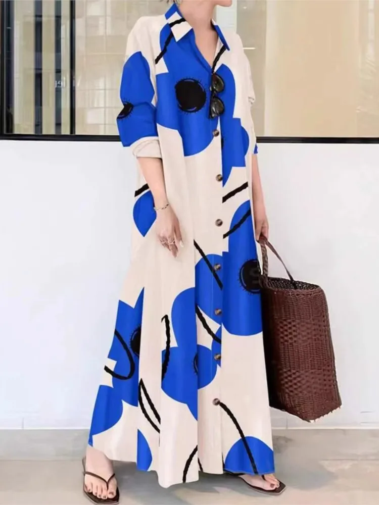 

Spring Autumn Woman's Loose Long Sleeves Robe Fashion Print Flip Collar Single-row Buckle Dress Ladies Elegance Holiday Vestidos