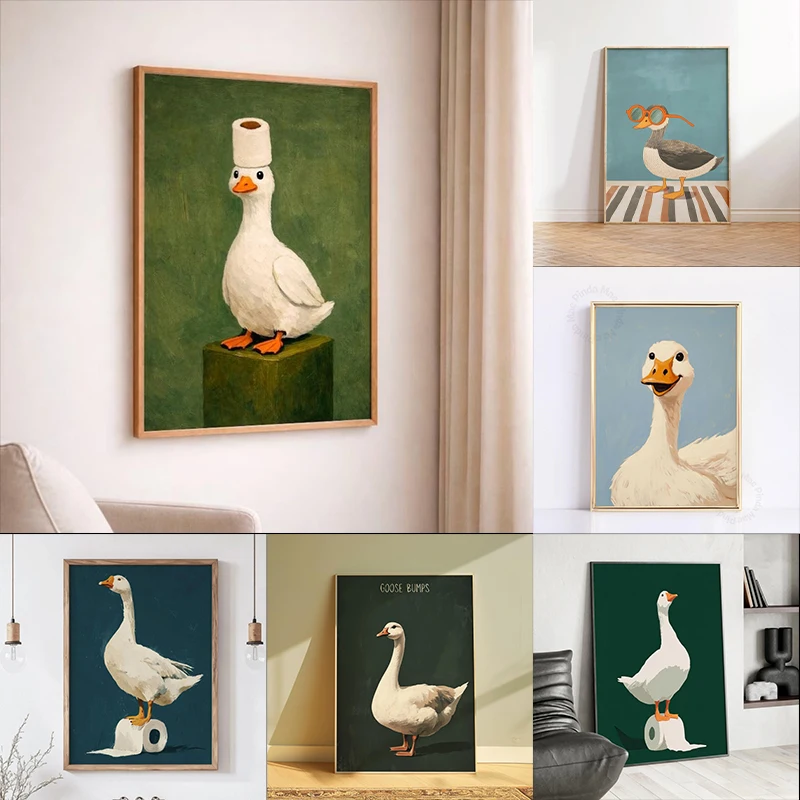 1pc Canvas Painting frameless Duck Goose Poster, Funny Bathroom Wall Art, Humorous Animal Print, Vintage Style Decor, Quirky Hom