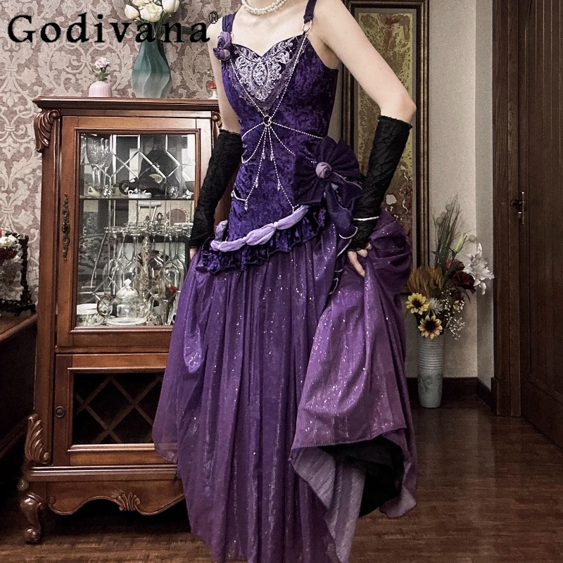 

Birthday Party Long Dresses for Women Original Embroidery Purple Dress Girls Spaghetti Straps Fishtail Luxury Cosplay Dress
