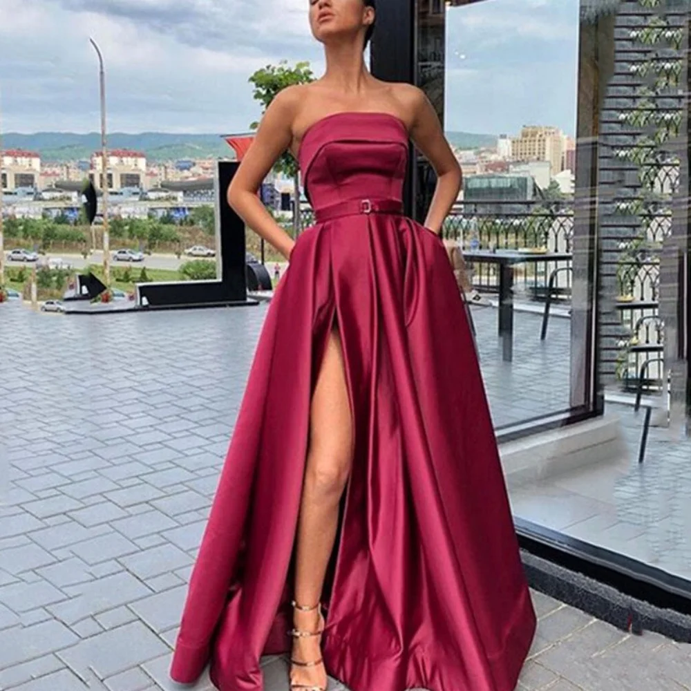 Camellia Elegant A Line Evening Dresses Off Shoulder With Belt Side Slit Celebrity Prom Dress Strapless Pleated Formal Gowns