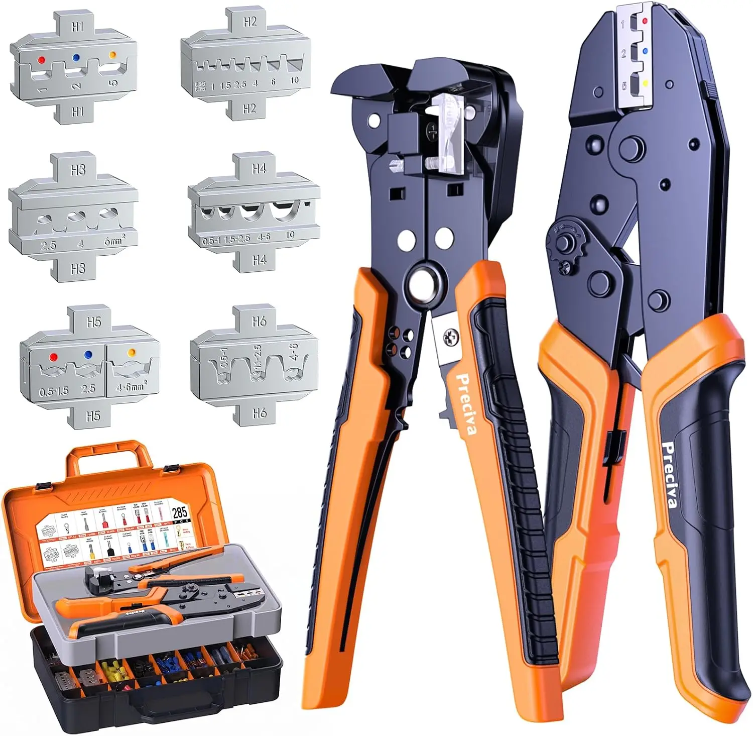 Crimping Tool Kit with 6PCS Crimping Die, Wire Stripper, 285PCS Terminals, for Heat Shrink, Insulated, Open Barrel, Ferrule, Circlip & Solar Connectors