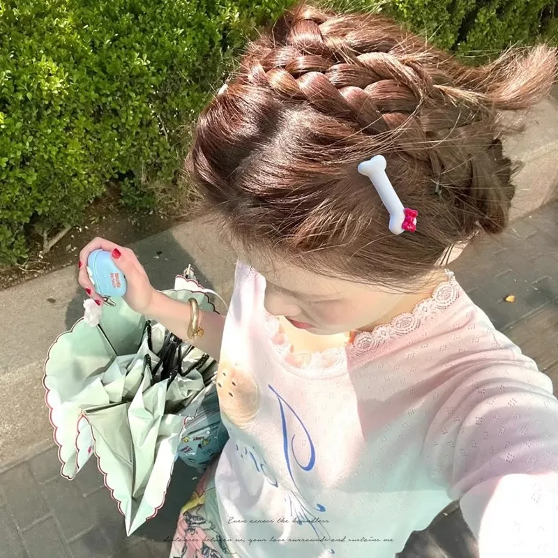 1/6 قطعة الكرتون الكلب العظام على شكل مشبك شعر الوردي Bowknot الأبيض الجانب مقاطع للنساء فتاة دبوس الشعر المشابك الموضة Y2K اكسسوارات