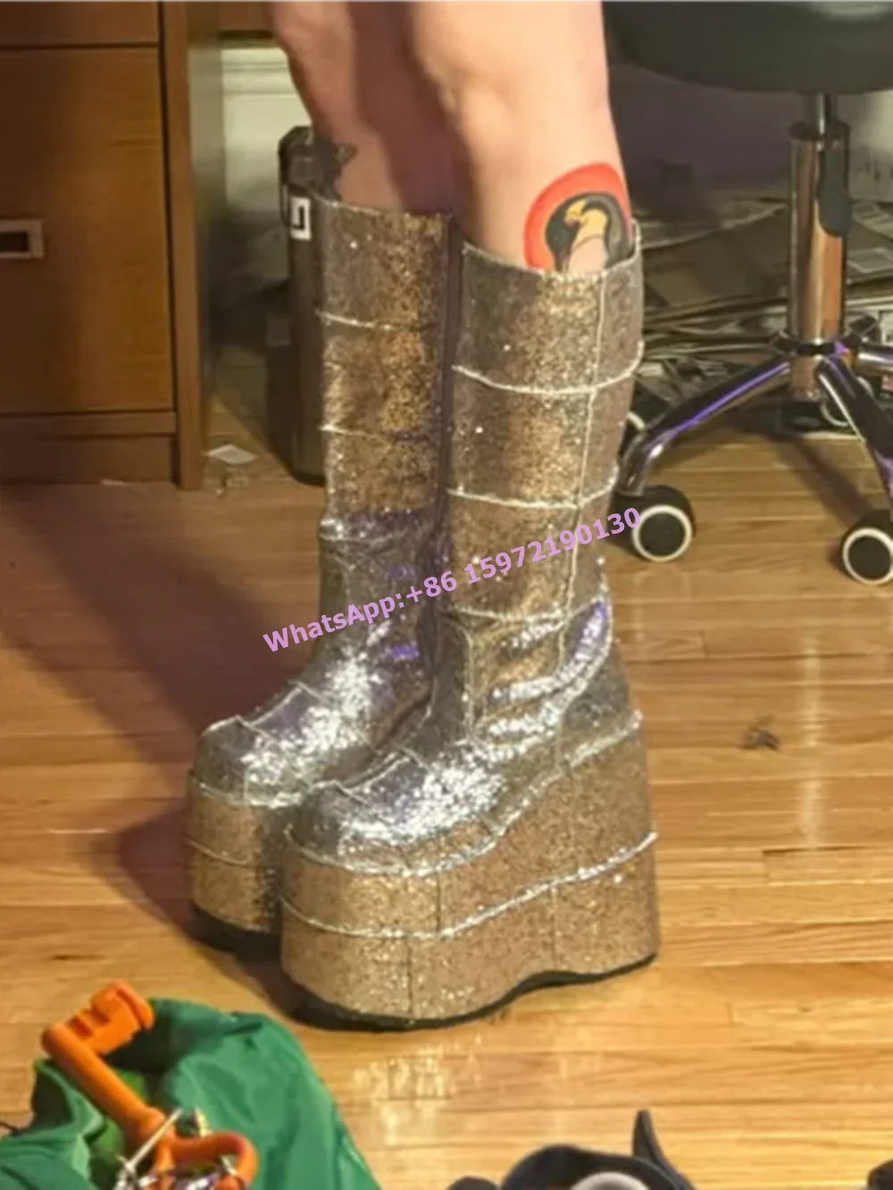 Silvery Bling Platform Boots Wedges Slip On Glitter Women's High Heels Runway Knee High Boots Sexy Unique Design Lolita Shoes