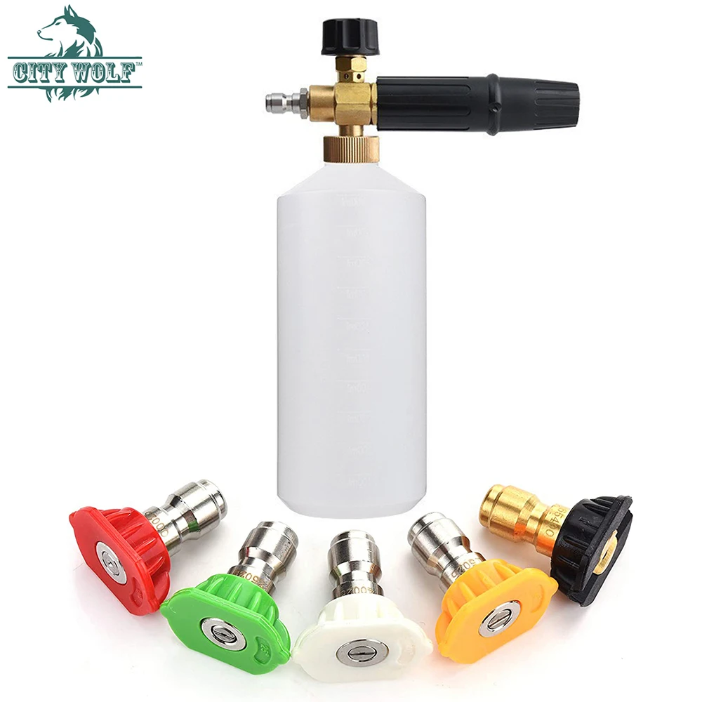 Foam Cannon with 1/4 Inch Quick Connector 1 Liter 5 Pressure Washer Nozzle Tips City Wolf Car Cleaning Tool Accessory Car Wash