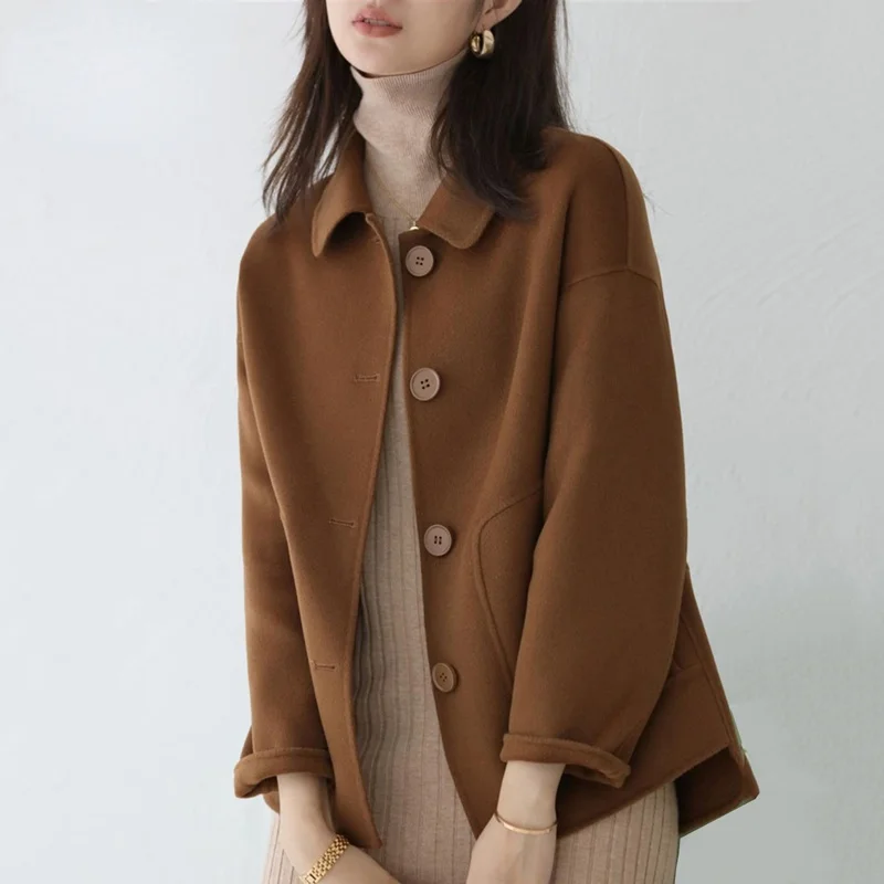 Autumn Trendy Brown Wool Coats Women Korean OL Basic Short Jackets Female Casual Solid Color Turndown High Quality Coat Overcoat