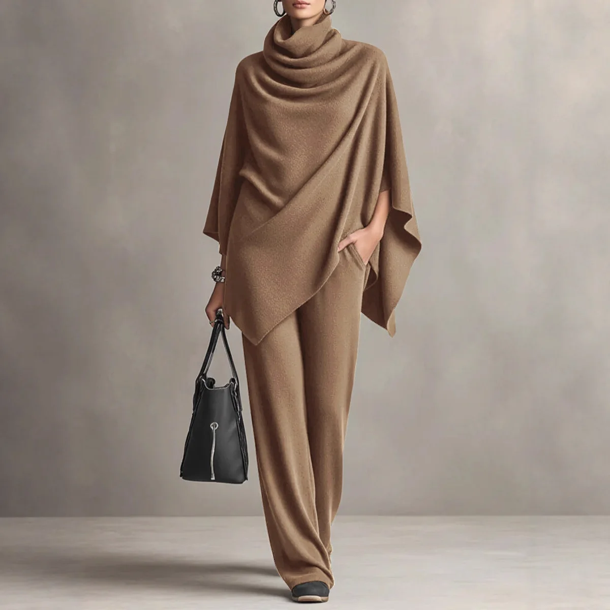 Autumn Winter Fashion Solid Color High Collar Top+Pants Two Piece Set Women's Loose Irregular Hem Top Suit Ladies Office Outfit