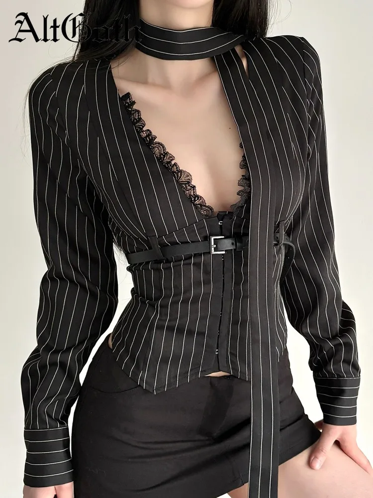 

AltGoth сексуальные офисные женские полосатые рубашки женские эстетические Fairycore гранж Y2k кружевная лоскутная блузка с v-образным вырезом и длинным рукавом с высокой талией