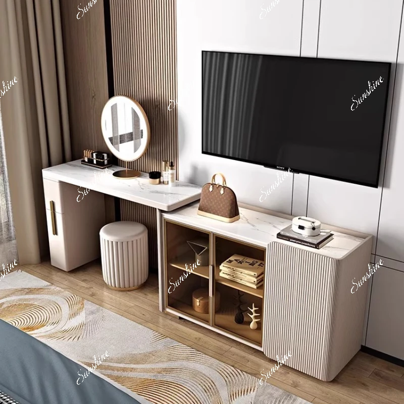 

Modern light luxury rock slab, TV cabinet storage integrated small apartment, simple bedroom, makeup, desk