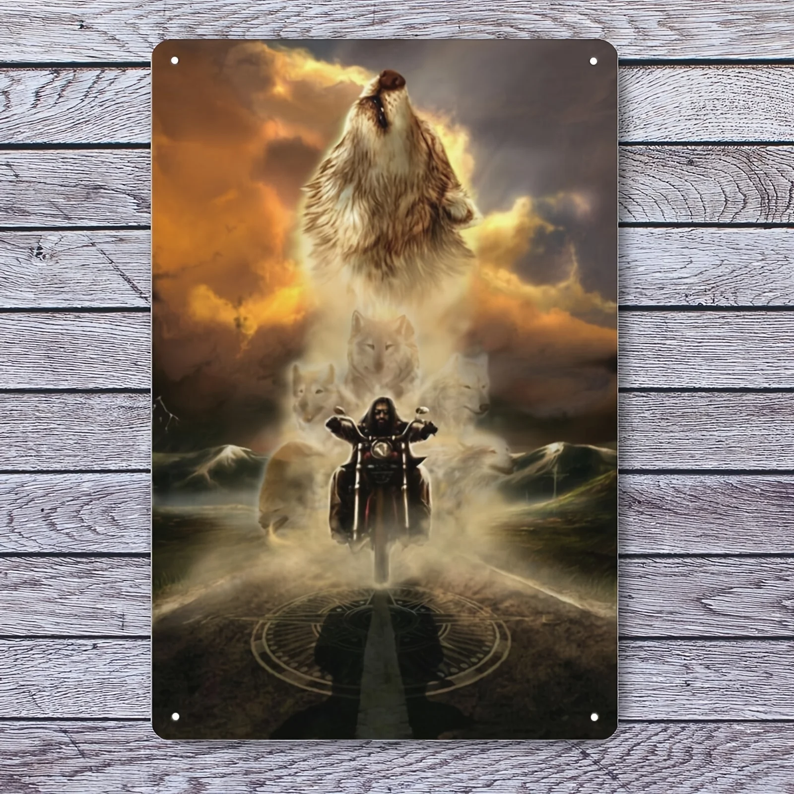 David Mann Motorcycle Art Tin Sign - Vibrant Wall Decor with Raging Wolf & Motorcyclist, in Unframed Metal Poster for Living Ro