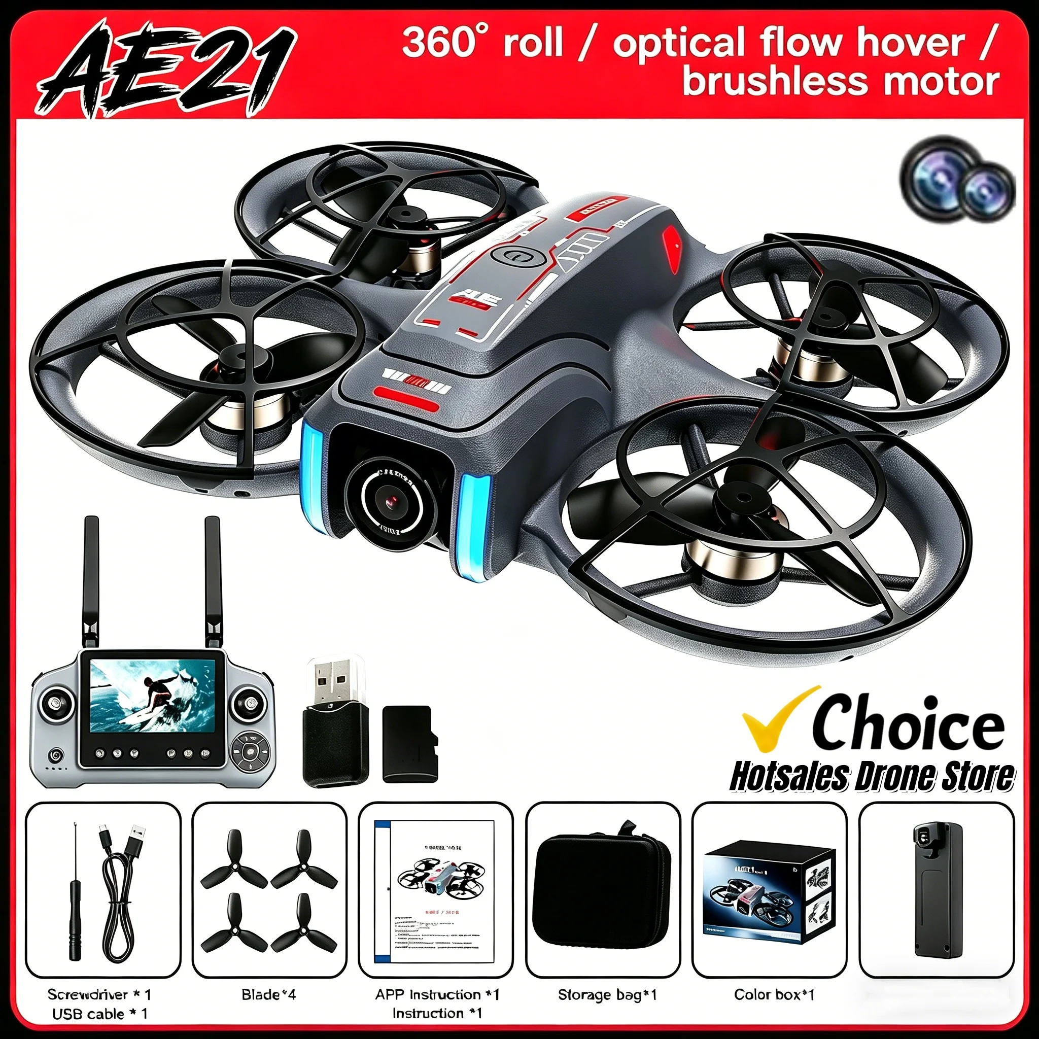 Dron FPV 2026 AE21 AI Profesional de Fábrica HD 360 °   Quadcopter con Doble Cámara, Control Remoto, Motor sin Escobillas y Evitación de Obstáculos