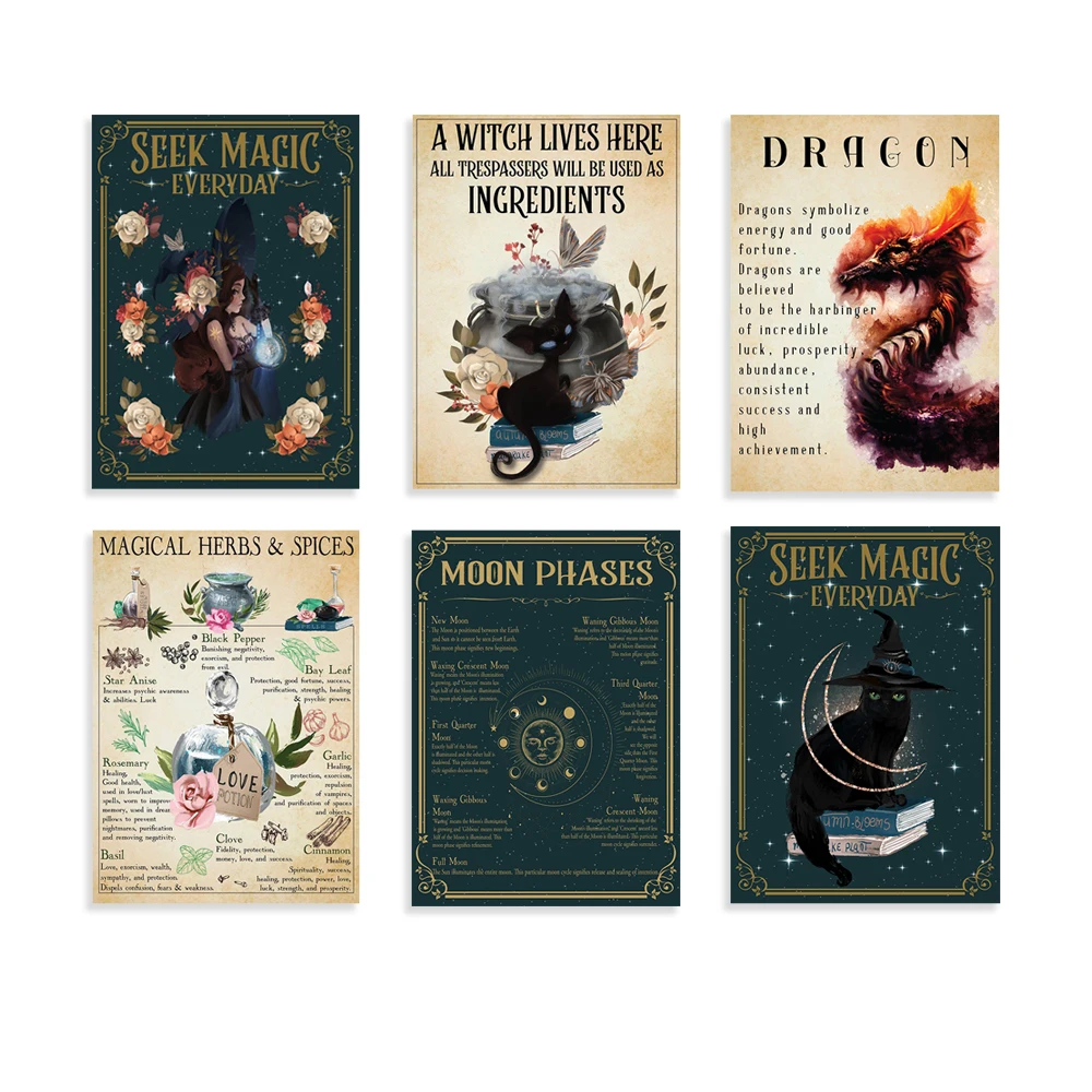 Moon Water, Moon Phases, Witch Premium Poster，Magical Herbs and Spices Premium Posters，Witch Cat Premium Posters