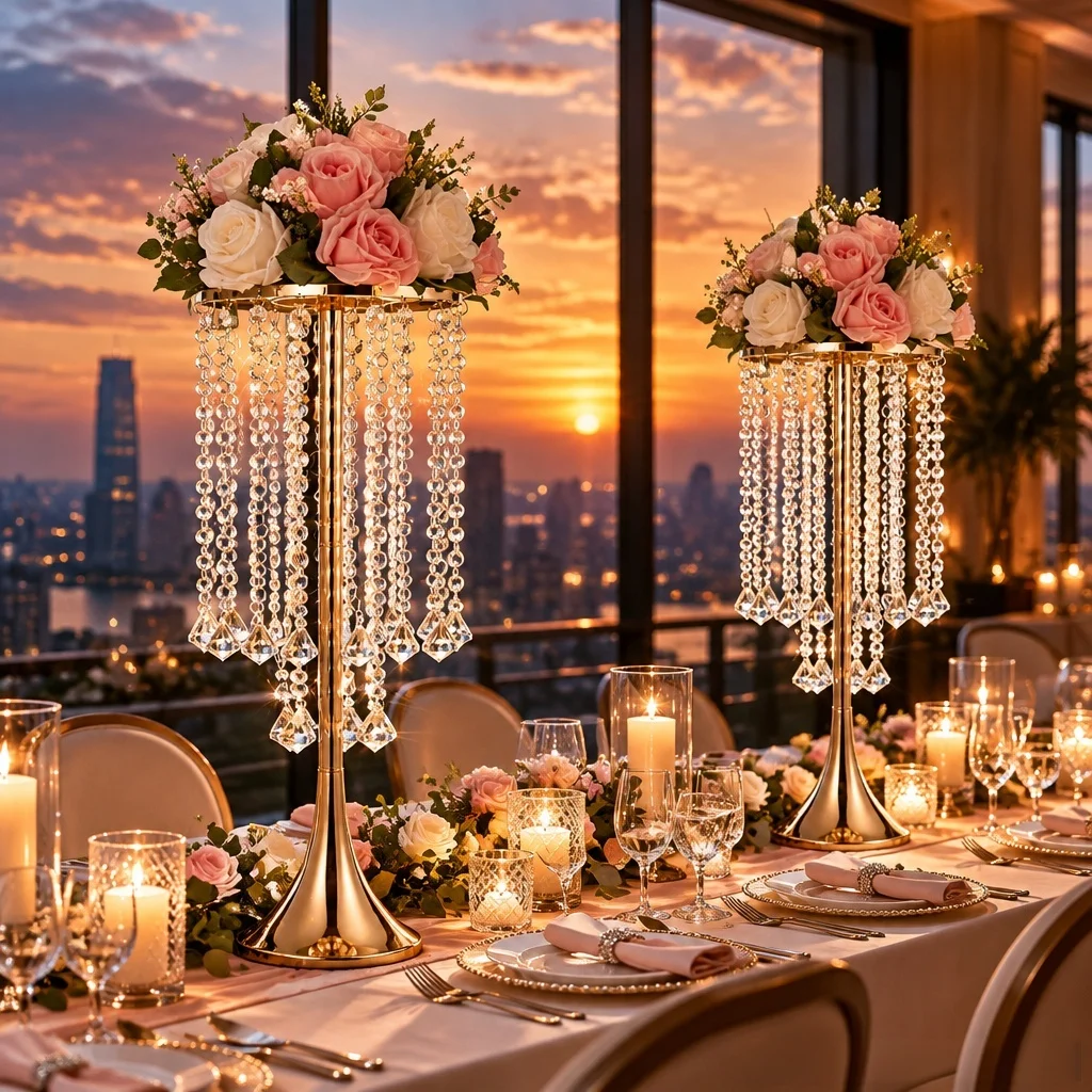 Prism-Draped Gilded Floral Pedestal, Tall Table Centerpiece Holder, Stable Flared Base for Wedding Feast, Gala & Event Table Sty