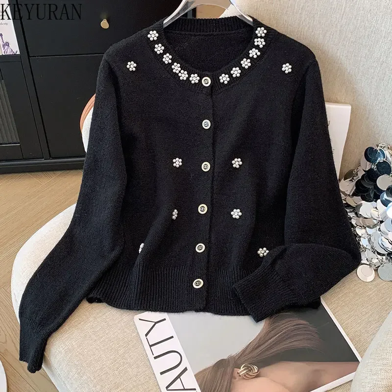 Pearl Beaded Knitted Cardigan Sweater Women 2024 Autumn Elegant Fashion Long Sleeve Single-breasted Knitwear Tops Ladies Jumpers