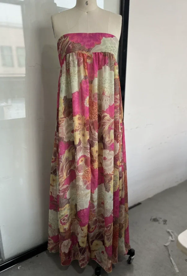 فستان ماكسي مطبوع بدون حمالات فستان نسائي أنيق بدون أكمام عالي الخصر فضفاض فساتين الشارع 2025 فساتين حفلات الصيف والعطلات #5