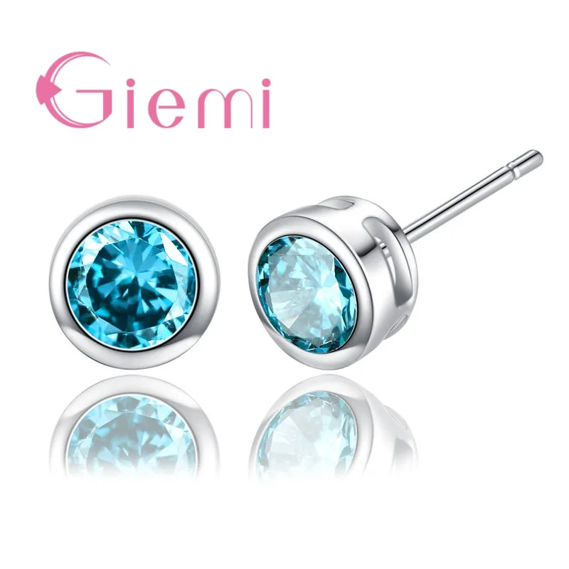 Simple 925 Sterling Silver Round Colorful Crystal Zircon Stud Earrings for Women Men Unisex Wedding Party Jewelry Gift Accessory
