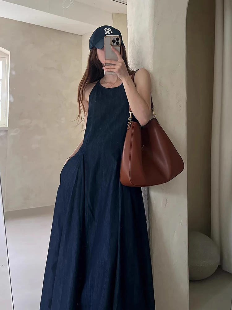 

Retro Chic Summer Women's round Ne Pleated Waist Cinched Denim Vest Dr Long Skirt Sle Korean Loose Waist Design