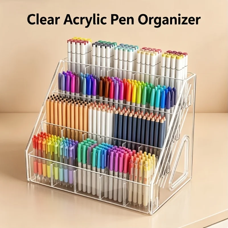 Large Capacity Acrylic Pen Organizer with Multi-Grid Compartments -Perfect for Office, School And Home Use - Space-Saving Design