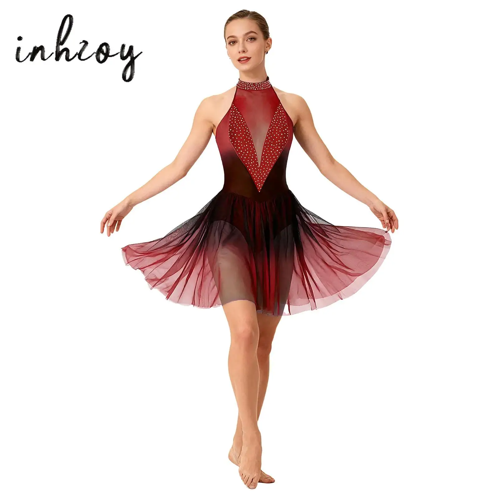 ชุดเดรสเต้นรำลีลาสำหรับผู้หญิง สายคล้องคอเว้าหลัง ประดับคริสตัลระยิบระยับไล่สี ผ้าตาข่ายโปร่งแสง แต่งผ้าปะติดปะต่อ สำหรับการแข่งขันบัลเลต์