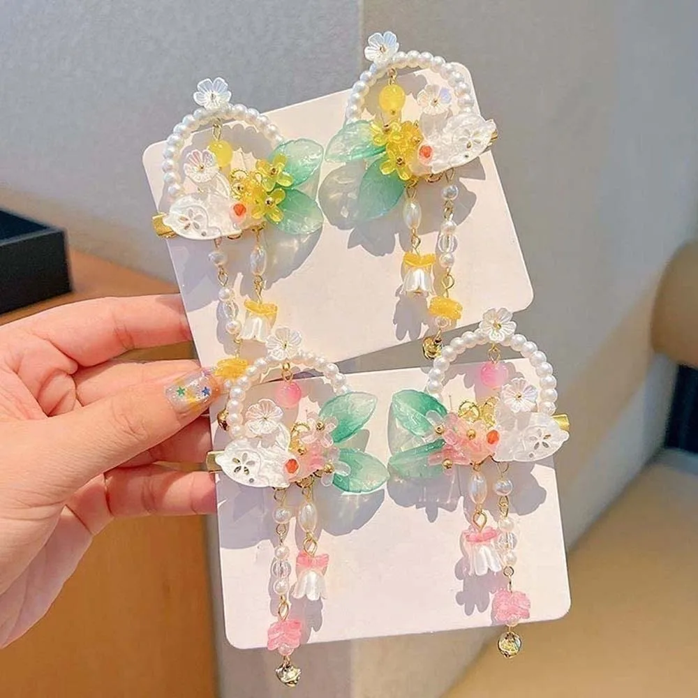 1 Pair Long Ribbon Hanfu Hair Clip Handmade Flower Metal Duckbill Clip Rabbit Tassel Hairpin Flowing Tassel Traditional Vintage
