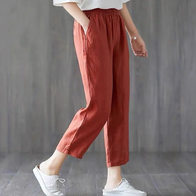 Rimocy Summer Loose Cotton Linen Pants Women Casual Elastic High Waist Harem Pants Woman 2024 Thin Ankle Length Trousers Womens