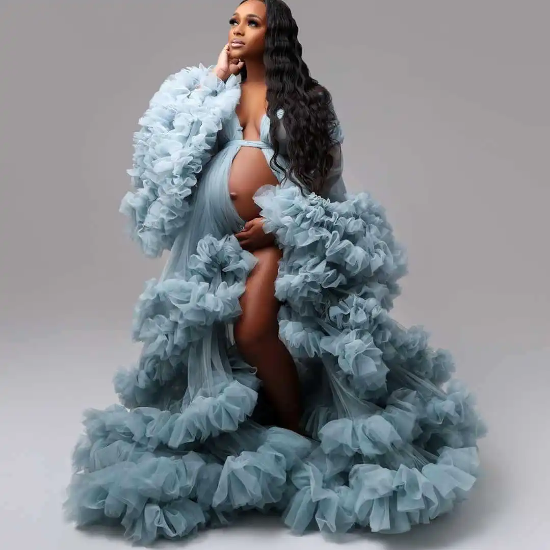 Exquisite Bridal Gown with Train for Expectant Mothers Studio-Exclusive Long Blue Tulle Lace Robe - Made to Measure