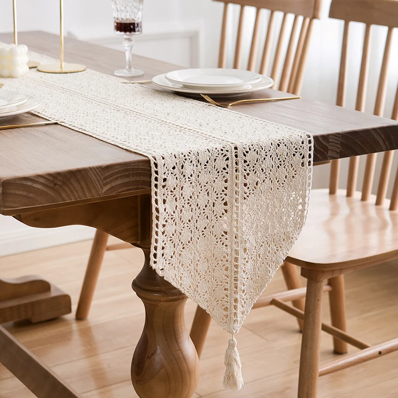 

American Country Table Runner Vintage Hollow Lace Cover Towel Cotton Crocheted Mori Style Tablecloth For Tv Cabinet Dining Table