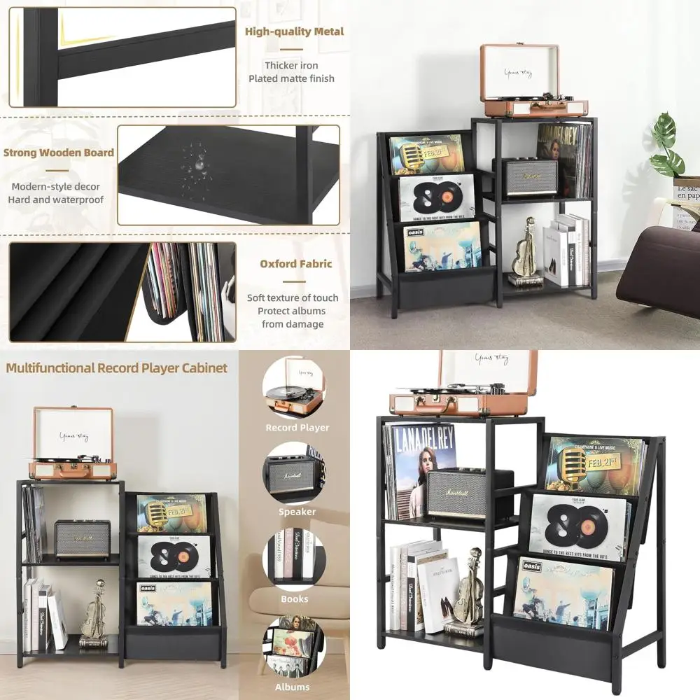 

3-Tier Vinyl Record Storage Stand, Turntable Holder for up to 200 Albums, End Table Design