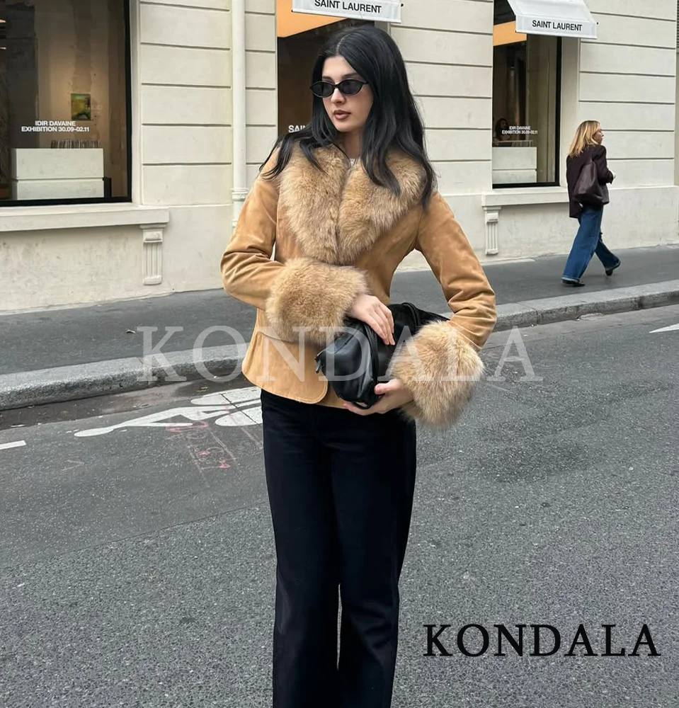 سترة KONDALA بياقة من الفرو للخريف من جلد الغزال سترة نسائية أنيقة بأزرار ضيقة موضة خريف 2025 سترة من الفرو الصناعي للشارع العالي #2