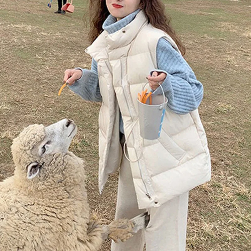 Women Duck Down Vest Lightweight Sleeveless Puffer Jacket Short Stand Collar Winter Waistcoat Woman Fashionable Outerwear VT-350