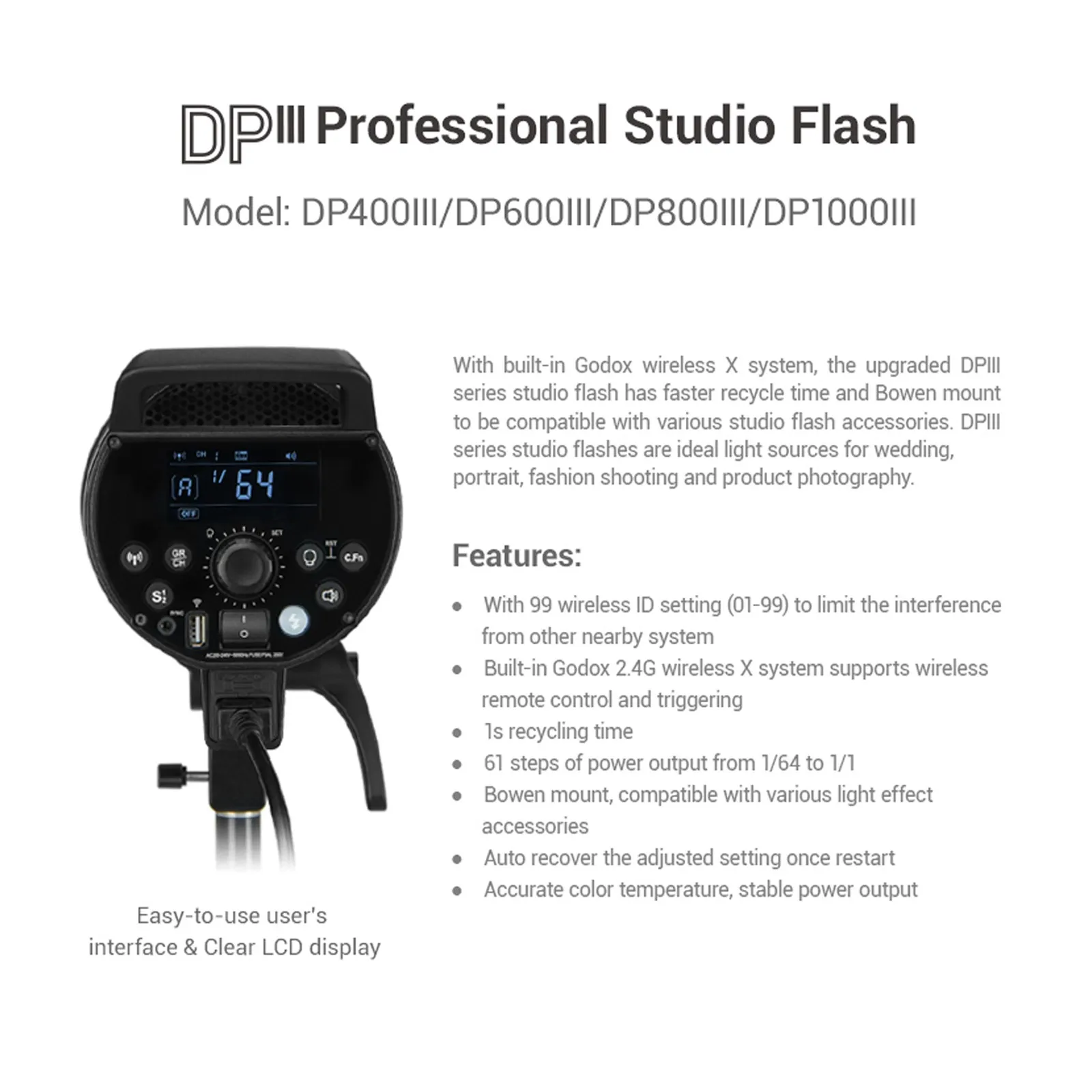 Godox DP600III 600W Studio Flash Light Modeling Light 220V 2.4G Built-in X SystemStrobe Light 5600K para iluminação de fotografia