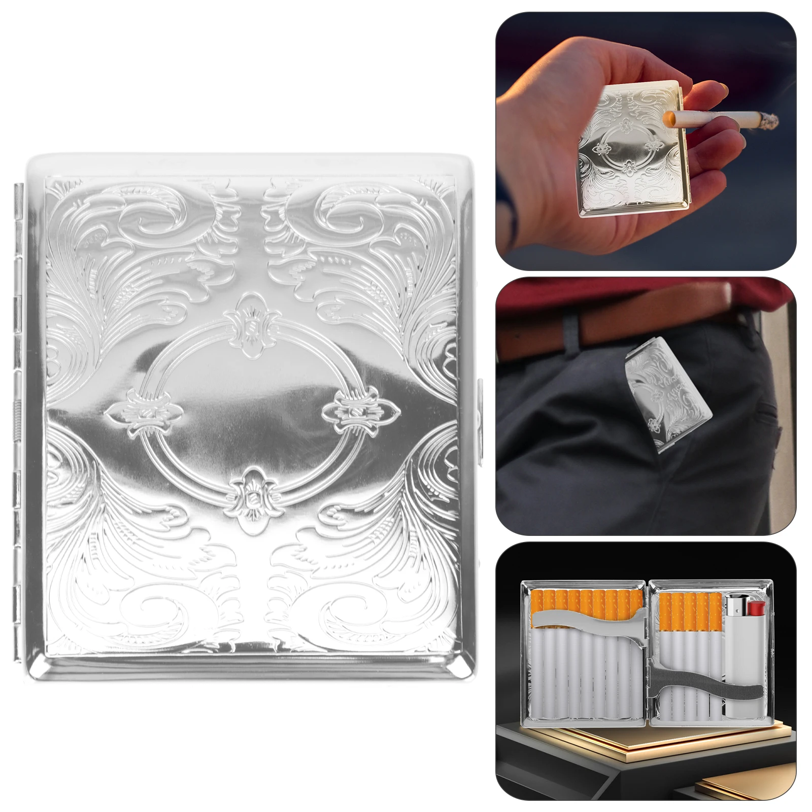 

1pc Automatic Opening Holder Portable Silver Stainless Steel Container With Buckle Durable Cigarette Storage Box