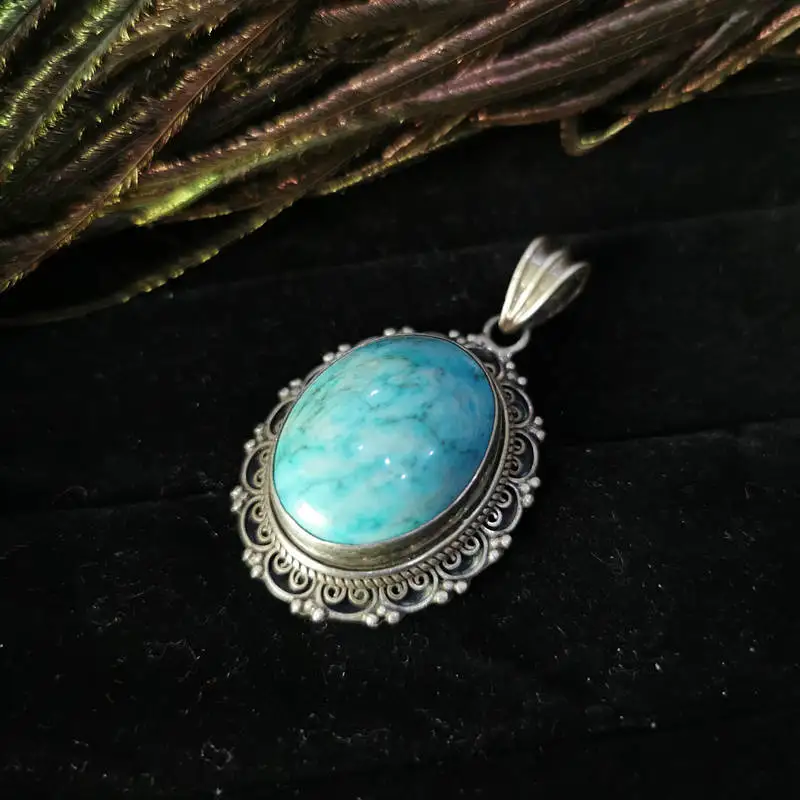 Hand Silver Jewelry Nepal 925 Silver Inlay Natural Turquoise Big Pendants T9072